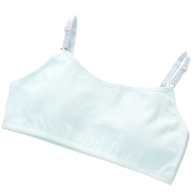 MIASHUI Girls Training Bras Sports Seamless Bra with Adjustable Shoulder Strap in light green, designed for ages 10-14 years. This crop top-style bra features a seamless design, adjustable straps, and a lightweight polyester material for comfort during sports or daily activities. The bra has no padding and is suitable as a beginner or sleeping bra. Shown in a front-facing view with a soft light green color and white adjustable straps.