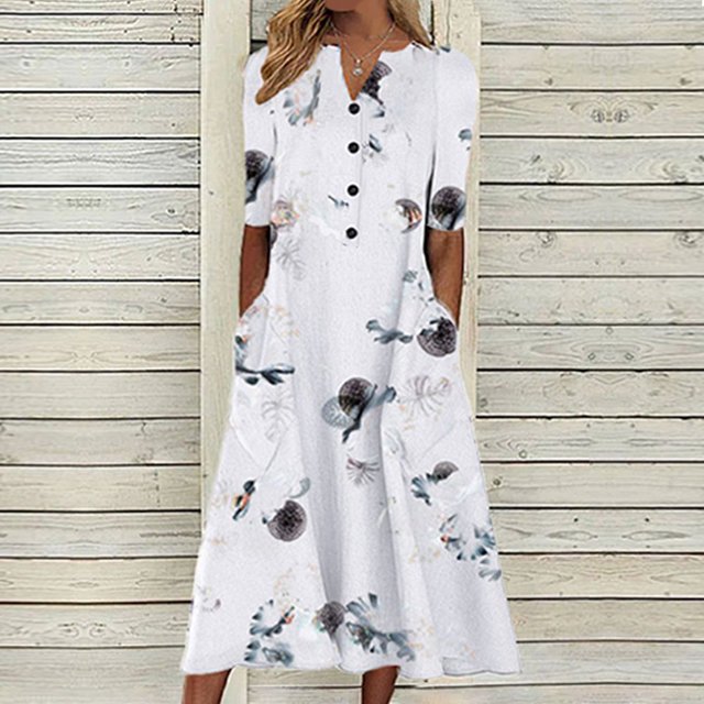 Robe de Plage Femme Décontractée à Manches Courtes Robes Taille Empire Robe sous le Genou Poches