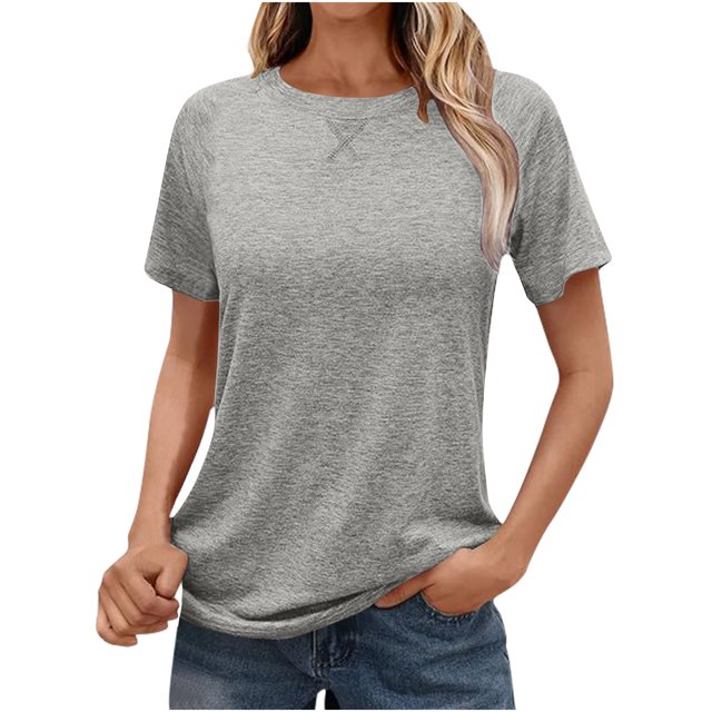 Timegard Hauts pour Femmes Col Ras du Cou Manches Courtes T-Shirts de Couleur Unie Décontractés Confortables Tuniques Hauts d'Été T-Shirt Basique
