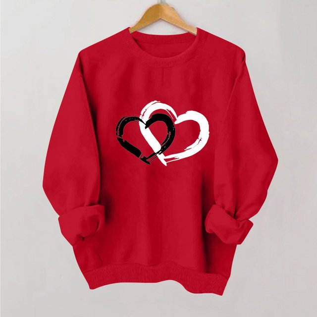 Styesk Chemises à Manches Longues pour Femmes Imprimé Cœur Hauts Confortables Doux Col Rond T-Shirts Chandail Mode Léger Chandail en Molleton Graphique de la Saint-Valentin Hauts Décontractés