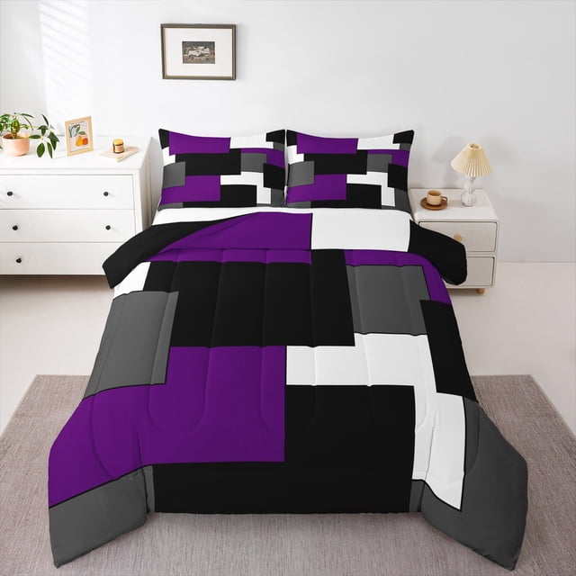 Erosebridal Rectangle Geometry Bedding Comforter Set, Abstract Checkered Bedding Sets with Comforter, Chic Minimalst Reversible Down Comforter, Microfiber Bedroom Decoration, 2pcs