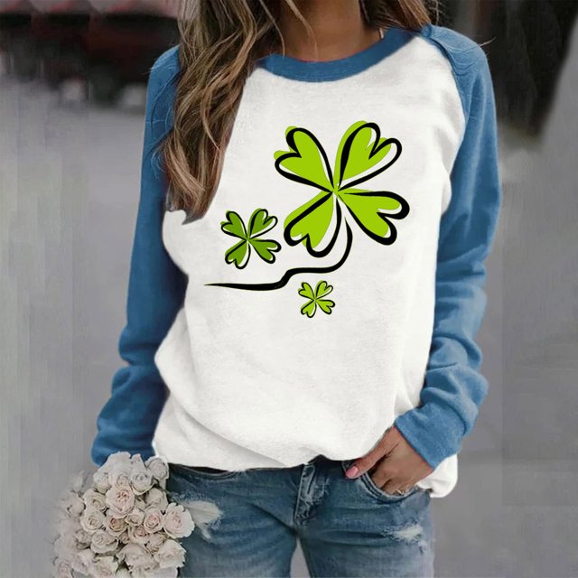 Chandail de la Saint-Patrick pour Femmes, T-shirt à Col Rond Imprimé à Manches Longues, Haut Ample, Chandail de la Saint-Patrick
