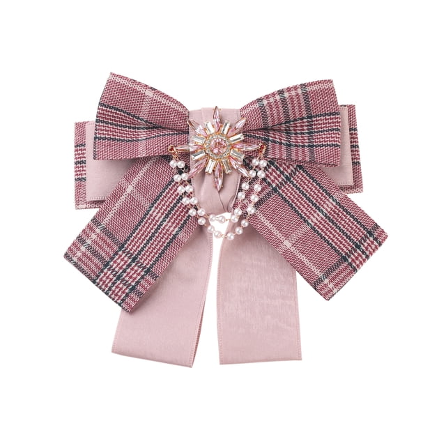 INSPIRE CHIC Women's Bow Brooch Plaid Faux Rhinestone Beaded Retro Bow Ties Pink