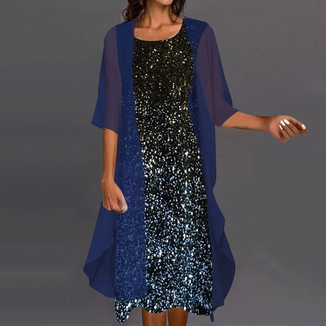 EGNMCR Robes d'Été Femmes Tendance 2024 Robe d'Été pour Femmes à Manches Mi-Longues Blouse + Robe Ensemble Deux Pièces Robe Longueur Genou Robe de Plage