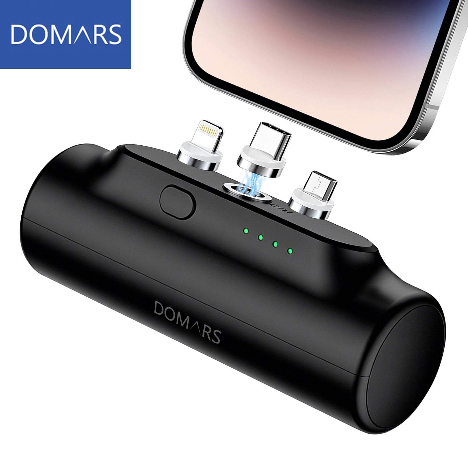 Domars 3000mAh Magnetic Power Bank, Ultra Light 60g Portable Charger with 3 Replaceable (Type-C, iOS, Micro USB), Strong Magnetic Adsorption Mini Power Bank with LED Indicator