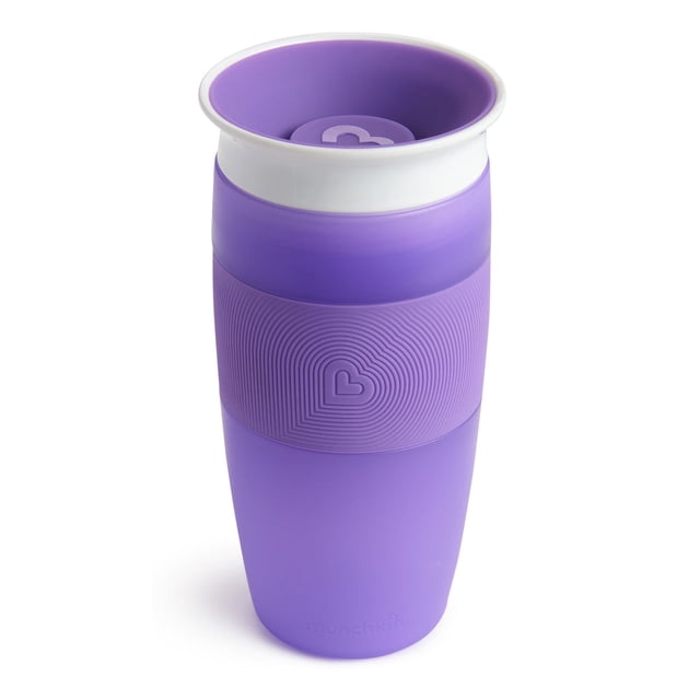 Munchkin Miracle® 360° 14oz Sippy Cup in purple with a white rim, featuring a textured silicone grip with heart design, spoutless 360-degree drinking edge that seals automatically when not in use, easy to clean with no extra parts, suitable for toddlers 18+ months.