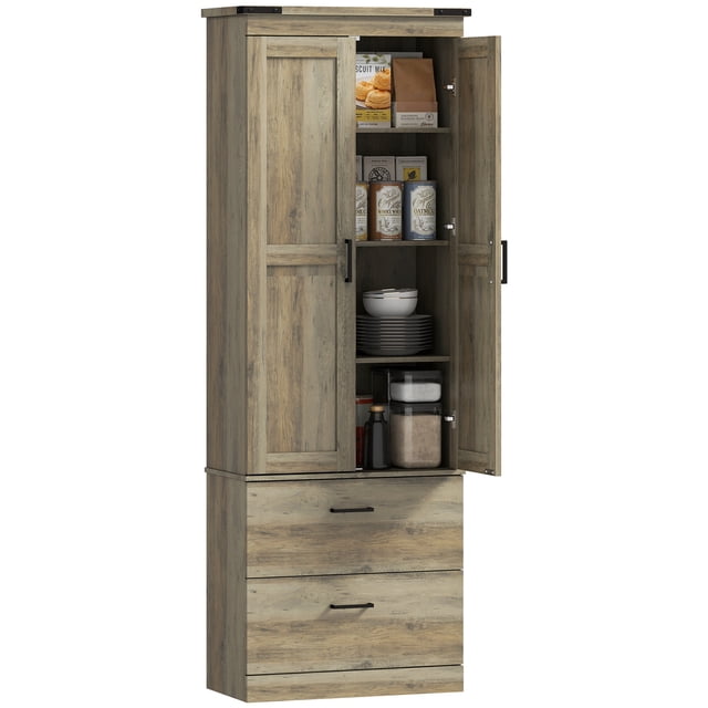 HOMCOM 67" Tall Kitchen Pantry Cabinet with Adjustable Shelves, Light Ivory