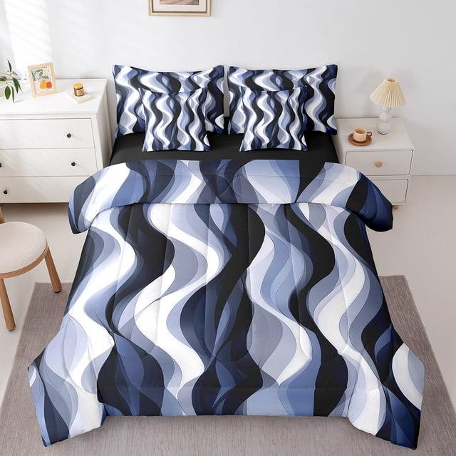 Erosebridal Grey Blue Geometry Bedding Sets, Abstract Ombre Comforter Sets with Sheets, Stripes Artwork Reversible Bed Sheets Set, Ultra Soft Room Decor, 7pcs