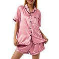 thumbnail image 2 of Kmbangi Ensemble de Pyjama Décontracté pour Femmes, Chemise à Manches Courtes Col à Revers Boutonnée Taille Élastique Rayé Short, Vêtements pour Femmes, 2 of 9