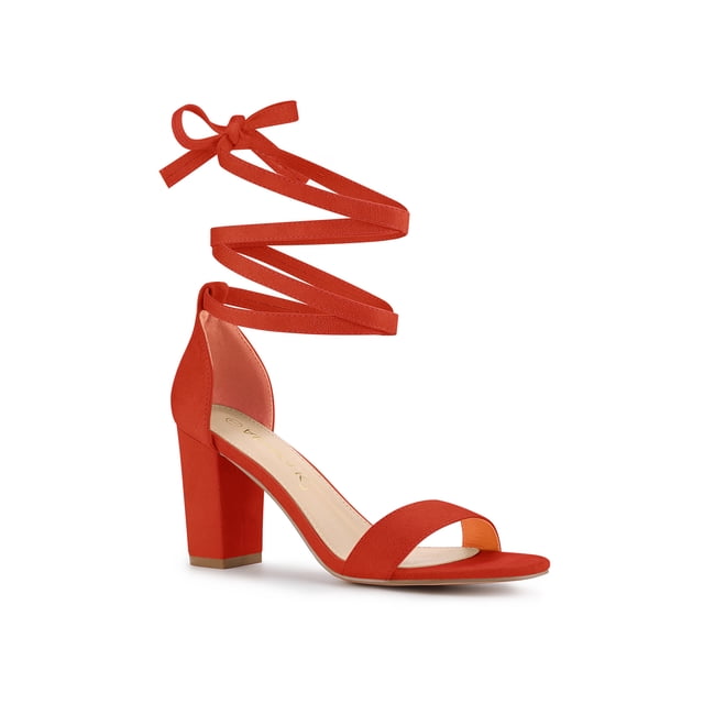 BLISSFUL STEP Sandales à Talon Bloc à Lacets et à Bride Cheville pour Femmes Orange Rouge 7