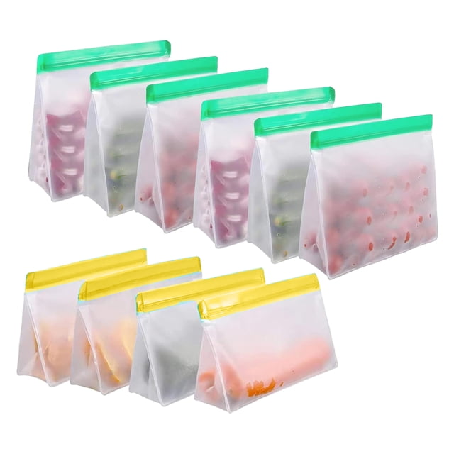 Reusable Food Storage Bags Stand Up, Ziplock Reusable Freezer Bags, Leakproof Storage Gallon Bags in multicolour, made from FDA-grade PEVA material. The set includes 10 eco-friendly bags with various sizes, featuring a stand-up design with expandable bottoms and double-seal zippers for leakproof storage. Suitable for storing frozen meat, vegetables, grains, fruits, and leftovers, and ideal for travel, picnics, school, and work.