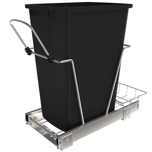 Rev-A-Shelf S Single 35-Qt Kitchen Cabinet Pullout Waste Container in black, featuring a space-saving design with a durable chrome-plated steel frame and progressive roller slides for smooth operation. Includes a detachable storage basket and mounting hardware for easy installation in cabinets with a minimum opening of 11 inches. Ideal for under-sink use to keep trash hidden and accessible.