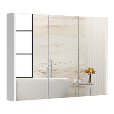 Topbuy Wall Mounted Mirrored Bathroom Cabinet with Adjustable Shelves and 3 Mirrors, White