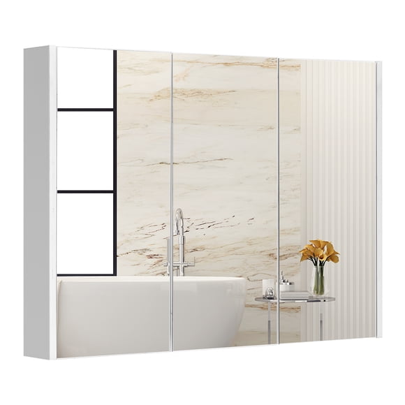 Topbuy Wall Mounted Mirrored Bathroom Cabinet with Adjustable Shelves and 3 Mirrors, White