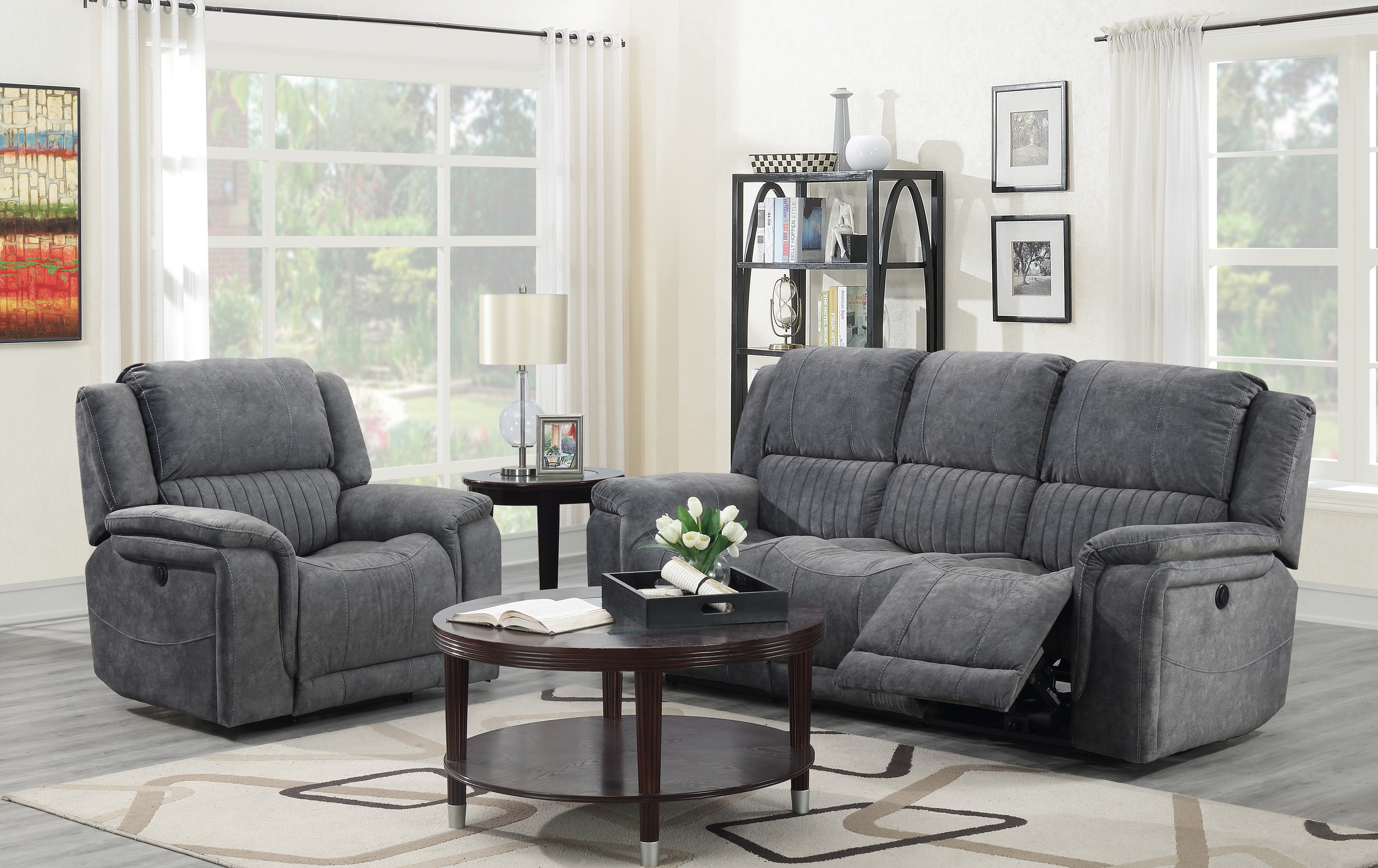 Canapé 2 places moderne K-Living avec fonction relax électrique et ports USB intégrés – Gris – Pour salon