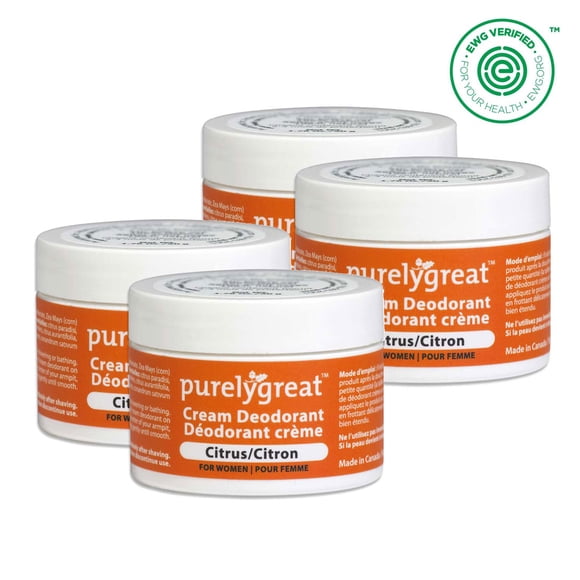 4 Pack - Purelygreat Natural Deodorant Cream - Citrus 50g Aluminum Free Vegan, Made in Canada