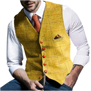 Gilet pour Hommes Mode Hommes à Carreaux Col en V Simple Boutonnage Coupe Ajustée Gilet Costume d'Affaires Gilet