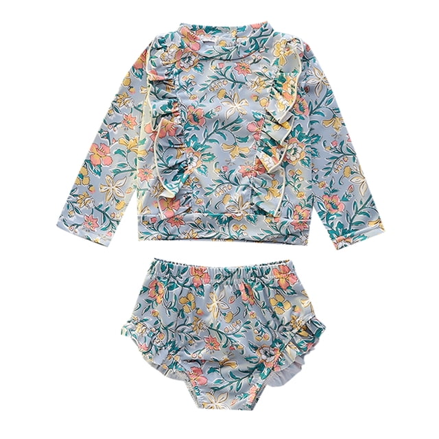 Toddler Girl Swimsuit Rash Guard Set Flounce Printed Long Sleeve Sun Protection Bathing Suits 3-4 Years