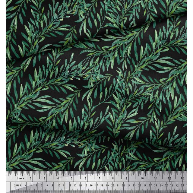 Soimoi Black Poly Georgette Fabric Laurel Leaves Decor Fabric Printed BTY 52 Inch Wide
