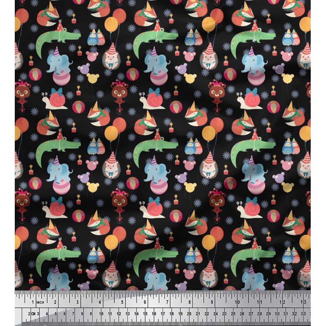 Soimoi Polyester Crepe Fabric Balloon & Cute Animals Kids Print Sewing Fabric Yard 42 Inch Wide