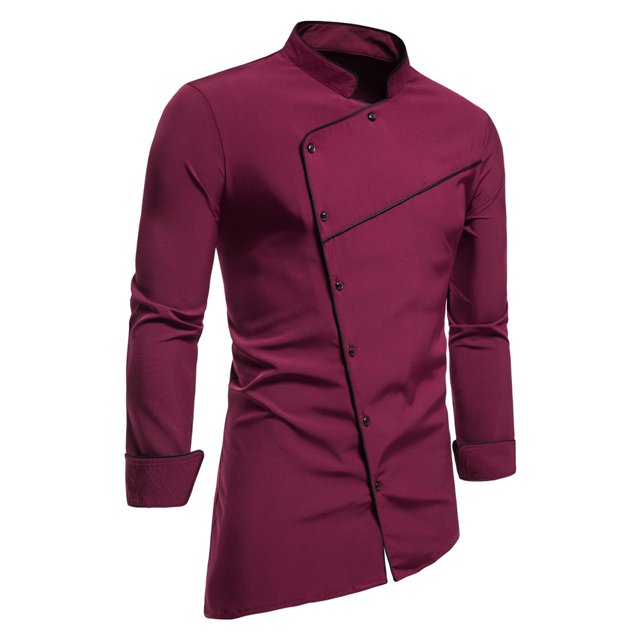 Men's Retro Mid-length Stand-up Collar Color Block Long-sleeved Shirt - Polyester, Breathable & Casual