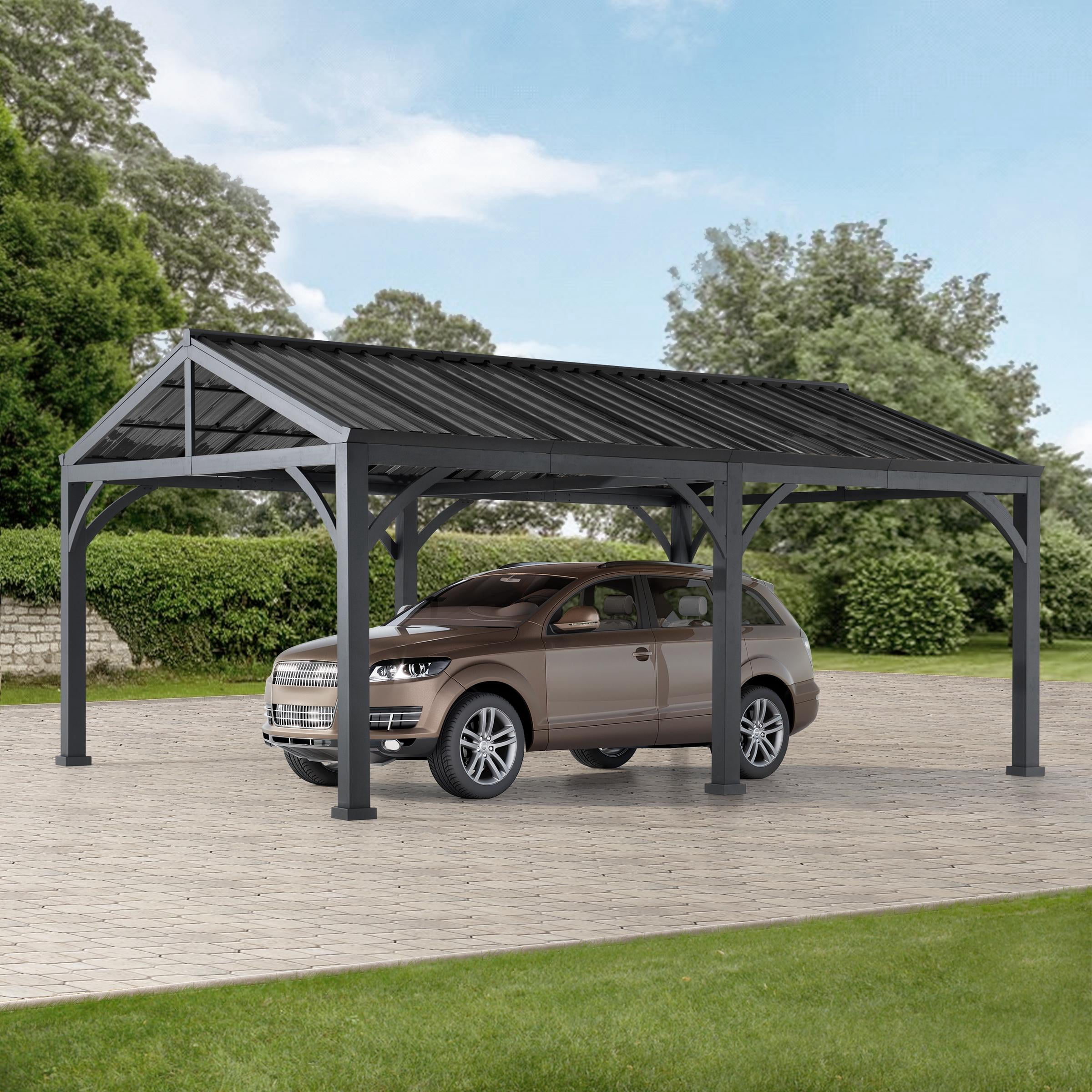 Sunjoy Carport 20 ft. x 14 ft. Gazebo Extérieur Abri de Voiture Robuste avec Toit en Acier Galvanisé Thermolaqué Marron / Cadre Noir et 2 Crochets de Plafond