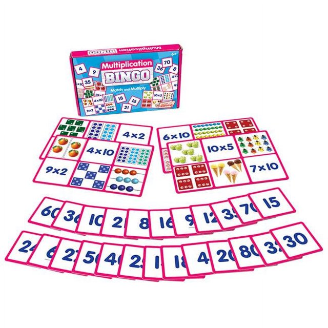 Junior Learning JRL550 Jeu Éducatif de Multiplication à Bandes Bingo, un Jeu de Société Éducatif Multicolore pour Enfants avec 4 Plateaux et 24 Cartes pour Enseigner la Multiplication. les Plateaux Présentent des images Vibrantes Assorties aux Équations de Multiplication, pendant Que les Cartes Affichent des Réponses d'Appariement. Idéal pour l'Apprentissage Enseignant-Étudiant Ou le Jeu de Groupe, Ce Jeu Pratique Encourage une Pratique Amusante et interactive des Maths.