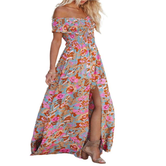 Femmes Boho Beach Dress Off Shoulder Wrap Dress Manches Courtes Imprimé Floral Ample Coupe Longue Robe Fendue