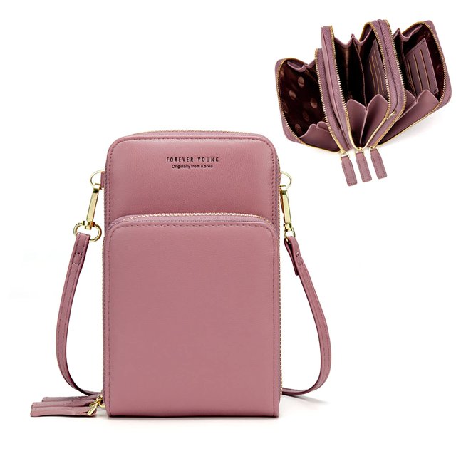 Small Crossbody Cell Phone Purse for Women, Mini Messenger Shoulder Handbag Wallet with Credit Card Slots,Pink