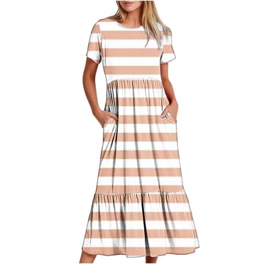 Qertyioot Femmes Été Casual Manches Courtes Robe Col Rond, Floconneux Étagé Maxi Robe de Plage avec des Poches de Couleur Robes d'Appariement