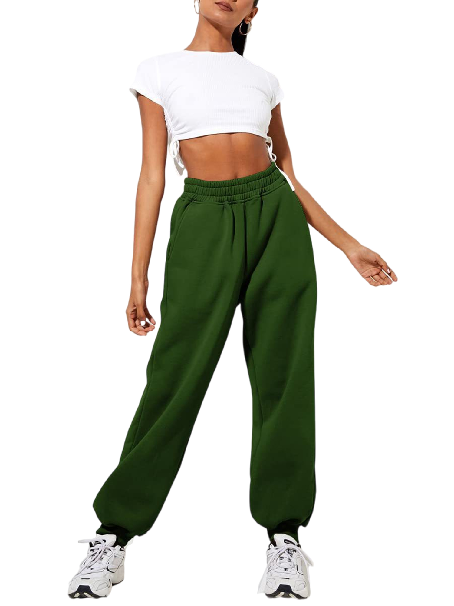 Innerwin Jogger Pants With Pockets Women Trousers Sports Solid Color Lounge Sweatpants Dark Green L