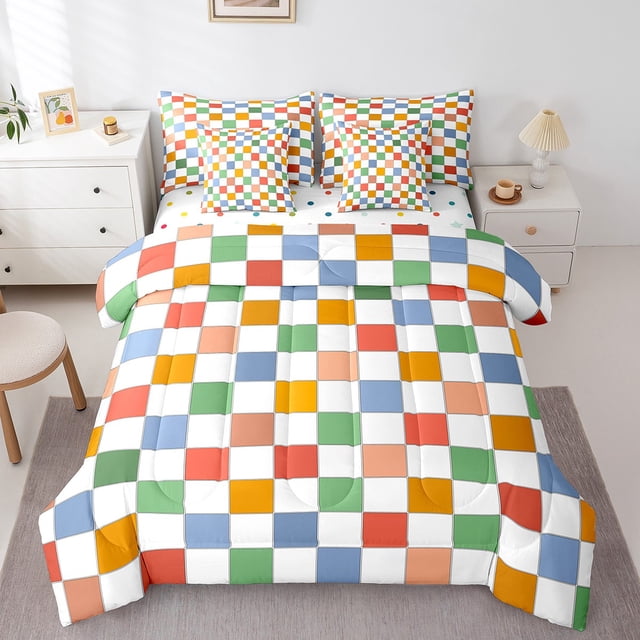 Erosebridal Retro Checkered 7 Piece Bed In A Bag With Sheets Queen Vintage 60S 70S Funky Geometric Plaid Bedding Set Retro Checkerboard Grid Comforter Set For Kids Adults Groovy Aesthetic Bed Set