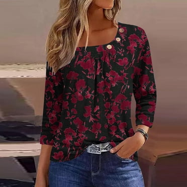 Offres des Fêtes Iumwxz Tuniques à Boutons Plissées Amples Ornementales Hauts d'Été pour Femmes Hauts Graphiques Floraux Encolure Carrée T-Shirts à Manches 3/4 pour Femmes Rendez-Vous Simple