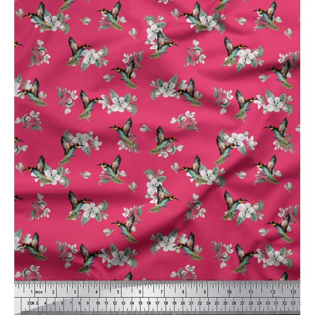 Soimoi Viscose Chiffon Fabric Leaves,Flower & Humming Bird Print Fabric by Yard 42 Inch Wide