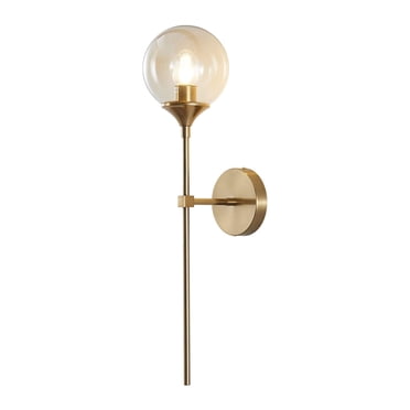 KCO Applique Murale en Laiton Brossé, Applique Murale Moderne à Globe, Longue Lampe Murale Vintage, Applique Murale en Verre Ambre