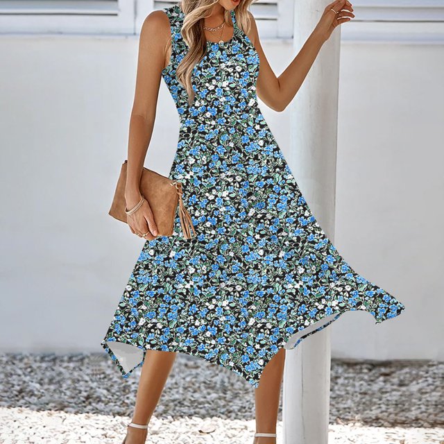 Ovzne Robes d'Été pour Femmes Robe Femme Mode Été Plage Imprimé Poches Camisole Col Rond Sans Manches Robes Débardeur Robe d'Été Liquidation