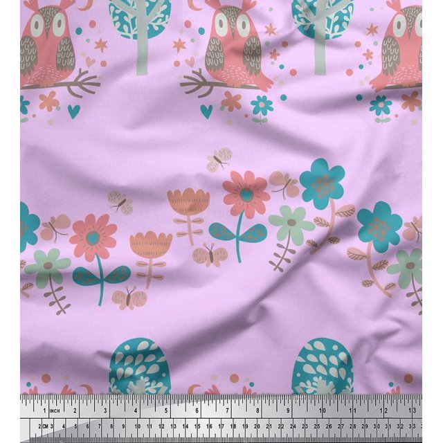Soimoi Rayon Fabric Floral,Tree & Owl Kids Fabric Prints by Yard 42 Inch Wide
