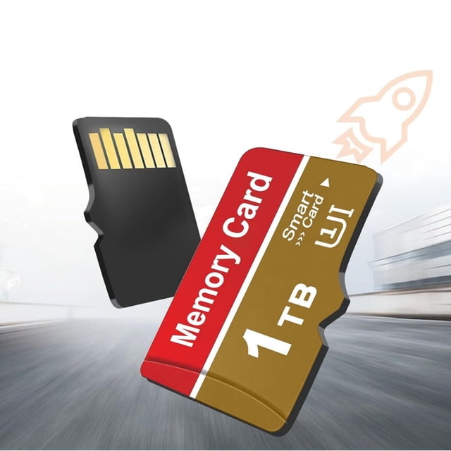 1024 Micro SD Card, 1024 Memory Card 1T Micro SD Memory CardS Fast Speed TF Card Class 10 with free SD card adapter. This 1024GB high-speed Class 10 memory card offers secure digital storage for photos, videos, and files. Compatible with smartphones, PCs, cameras, drones, and car navigation systems. Compact design with dimensions of 12x10x2 millimeters and a weight of 10 grams. Features a red and gold design with '1TB' and 'Memory Card' text visible.