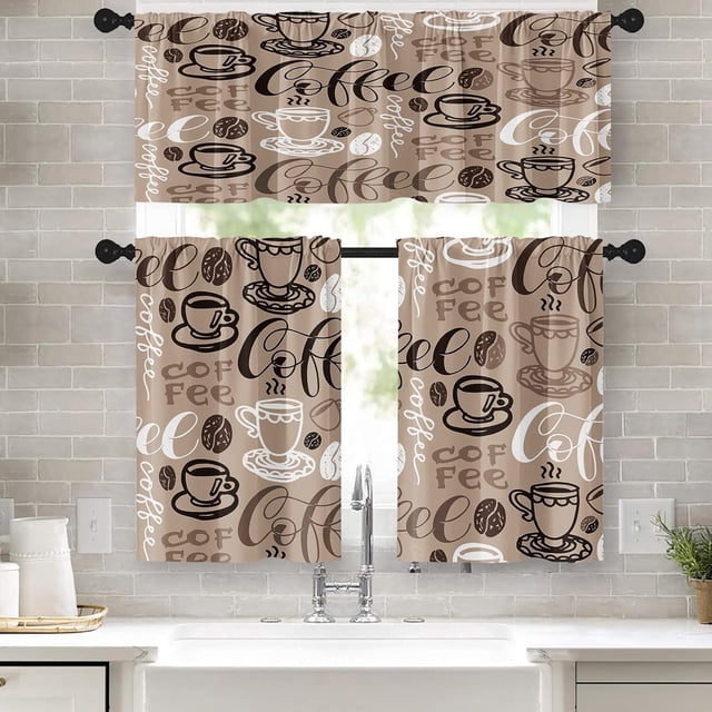Coffee Kitchen Curtains Brown Window Curtains Valance and Tier Set 36 Inch, Farmhouse Rod Pocket Short Tier Curtain, Retro Vintage Small Cafe Curtains for Kitchen Decor