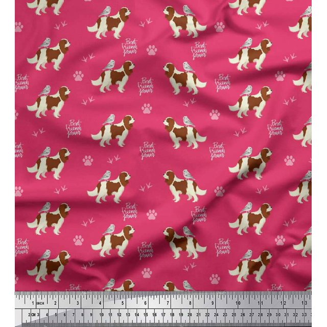 Soimoi Pink Moss Georgette Fabric Bird,Paw & Cocker Spaniel Dog Print Fabric by Yard 42 Inch Wide