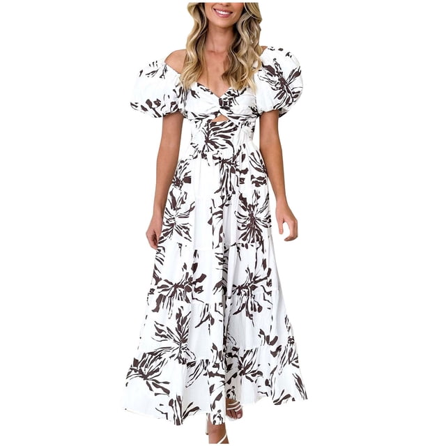 Pisexur Robes pour Femmes à Épaules Dénudées, Robe Maxi à Imprimé Floral, Robes de Bal Sans Bretelles, Tunique à Torsade devant, Robe Soleil, Ourlet à Volants, Robe Cocktail Fluide à Étages, Robe Longue d'Été Décontractée Bohème Formelle