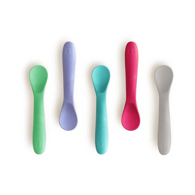 Spoön : Ensemble de 5 Cuillères en silicone Vert, Lavande, Sarcelle, Rose et Gris avec Bols Arrondis et Poignées Épaisses Embossées d'Un logo Subtil, Fabriqué en silicone Souple de Qualité Alimentaire, Sans BPA, Va au Lave-Vaisselle et Idéal pour Nourrir les Bébés et les Tout-Petits.
