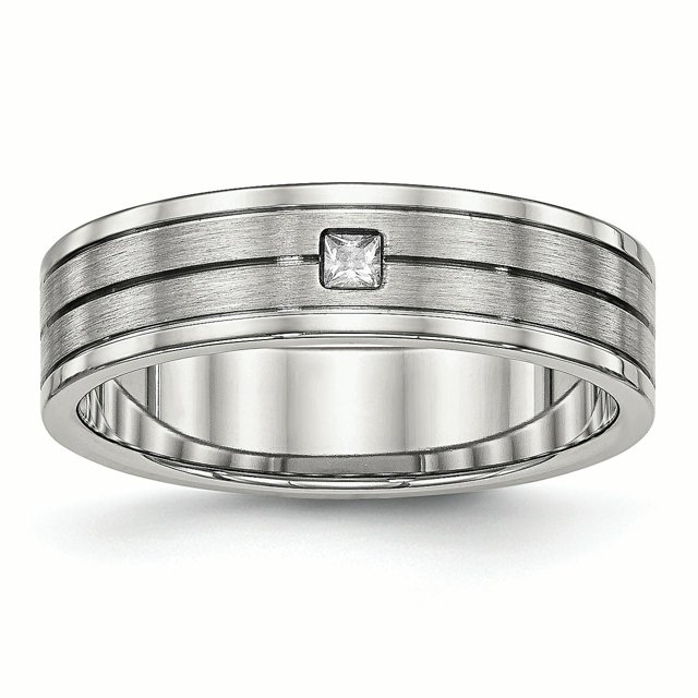 Stainless Steel Brushed and Polished Grooved CZ Ring 11.5 Size