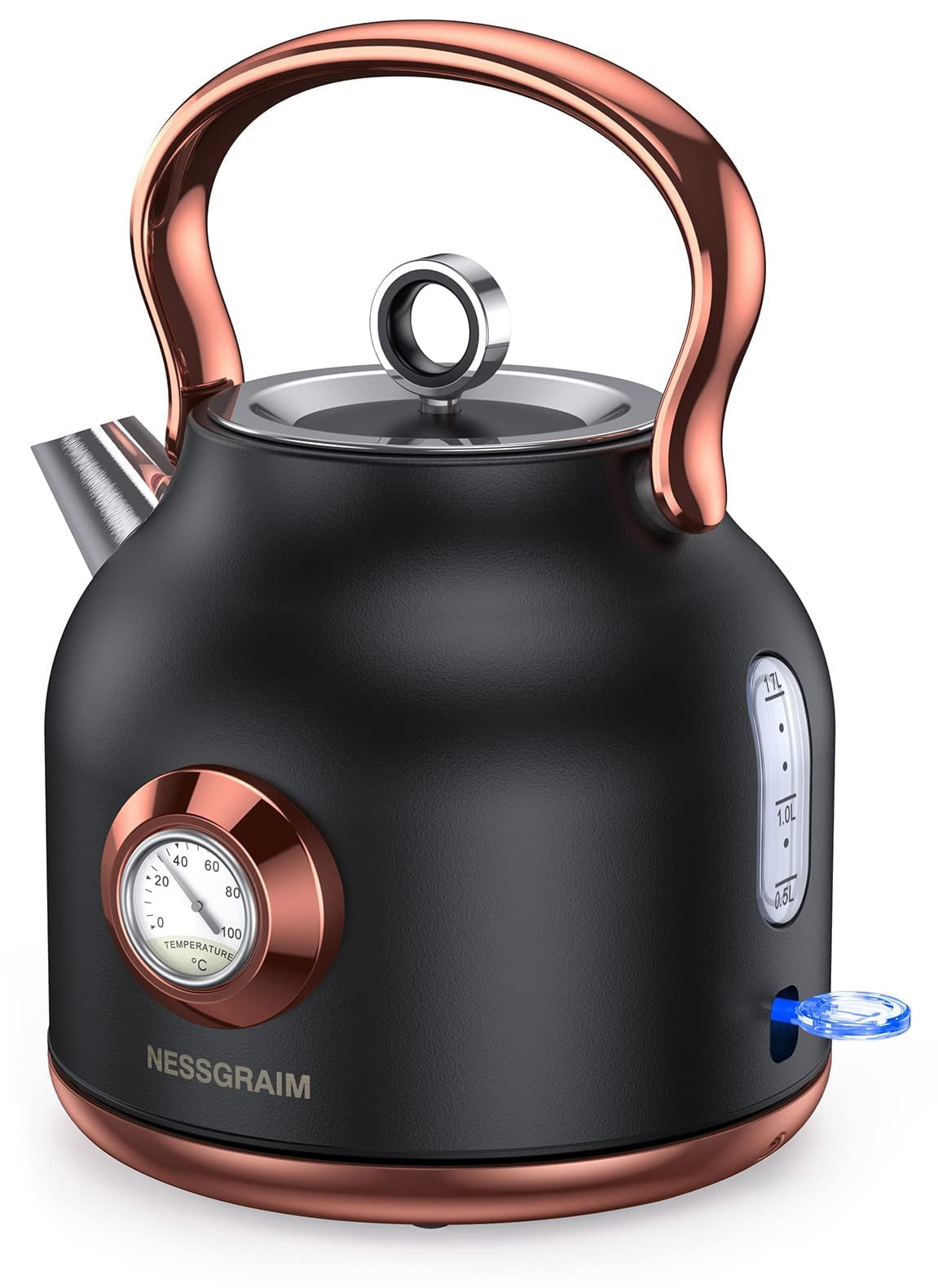 NESSGRAIM Retro Electric Kettle, 1.7L Stainless Steel Tea Kettle with Large Temperature Gauge, 1500W Fast Heating Hot Water Boiler with LED Indicator