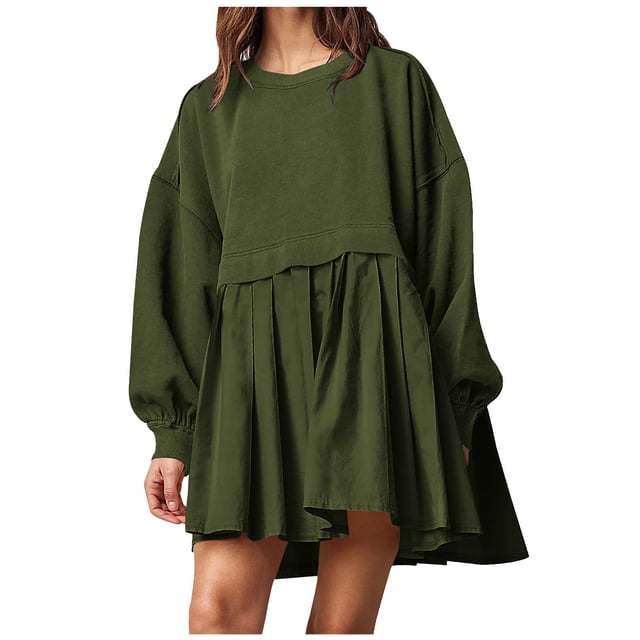 Pisexur Robe Chandail Surdimensionnée pour Femmes, Col Rond, Manches Longues, Patchwork, Robe d'Automne, Chandail à Enfiler, Hauts Amples et Fluides, Robe Chandail, Mini-Robe