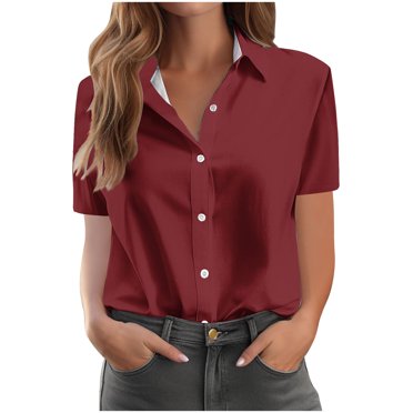 Maplenight Hauts de Bureau pour Femmes Chemisiers de Travail Couleur Unie Chemises Boutonnées Décontractées Confortables Haut à Manches Courtes Blouse T-Shirt 2025 en Liquidation