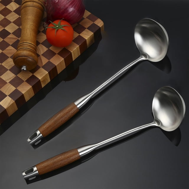 Yhmxh Kitchen Gadgets Kitchen Essentials Large Spatula Slotted Turner Soup Ladle 304 Stainless Steel Wok Spatula Set Slotted Spoon For Cooking Utensils Set Long Wooden Handle Ladles Kitchen