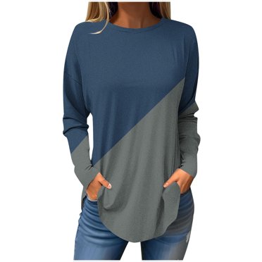 FAIWAD Tuniques à Manches Longues pour Femmes, Col Rond, Haut à Blocs de Couleur, Automne Hiver, Vêtements Amples de Détente