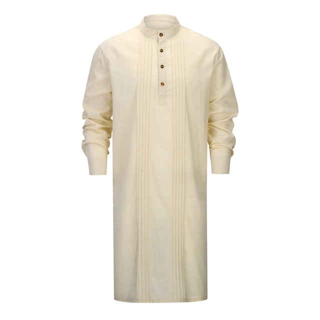 Wdgfv Kaftan pour Homme Robe Boutonnée à Manches Longues en Coton et Lin Thobe Décontracté Robe Musulmane Henley Chemise