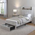 thumbnail image 4 of SIBEDS LED Bed Frame with Drawer Pockets and Linen Upholstered Cream Wingback Headboard, Twin, 4 of 5
